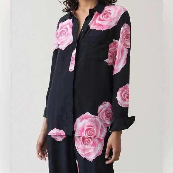 GANNI || Fayette Rose Print Silk Button Down Shirt Blouse Black Pink 36 US 4