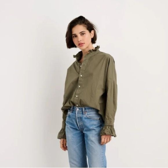 Alex Mill || Easy Ruffle Shirt in Paper Poplin Dusty Olive Green Large