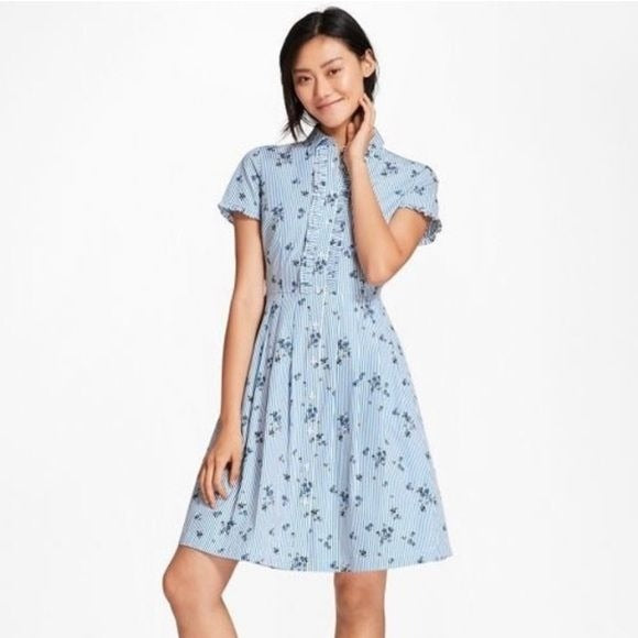 Brooks Brothers || Floral Striped Poplin Ruffle Fit + Flare Shirt Dress Blue 14