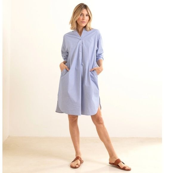 Mersea || Essential Shirt Dress Collarless Blue White Stripe Petite NWT