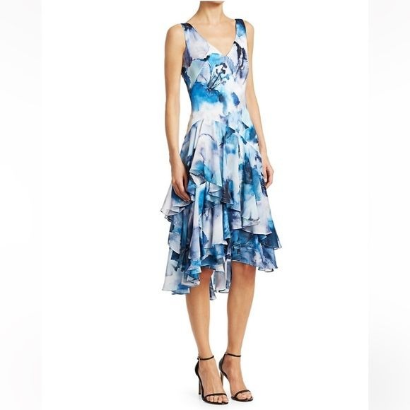 Theia || Ruffled Watercolor Hibiscus Print Cocktail Dress Blue 6