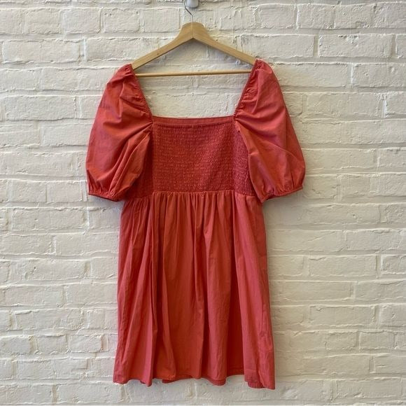 Altar’d State || Puff Sleeve Pintucked Bodice Dress Coral Pink XL