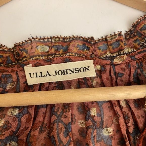 Ulla Johnson || Calista Blouse in Brick Silk Floral Red Orange Gold Ruffle Top 8