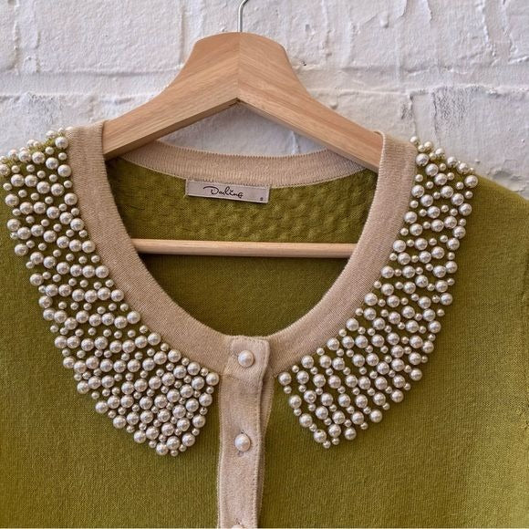 Anthropologie || Darling Pearl Faux Collar Trim Sweater Angora Blend Green Small