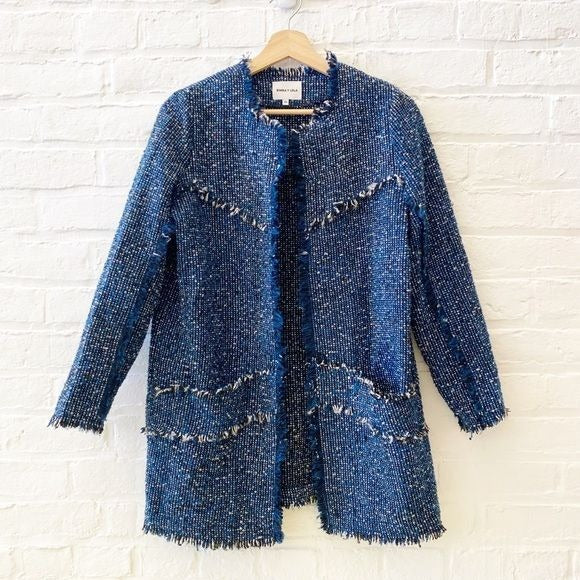 Bimba y Lola || Tweed Fringe Open Front Topper Coat Jacket Blue Black XS