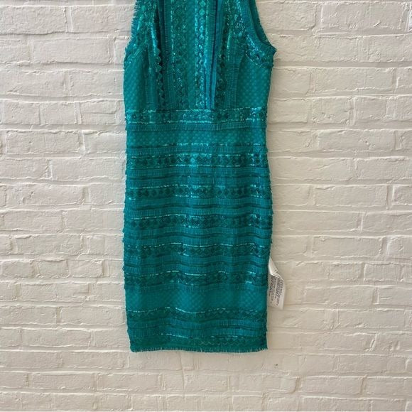 Tadashi Shoji || Norma Sequined Fringe Pencil Sheath Dress Jade Green 10 NWT