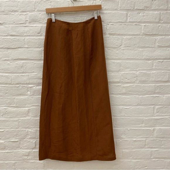 Zara || Linen Blend Two Piece Crop Midi Skirt Set Buttons Slit Brown Small NWT