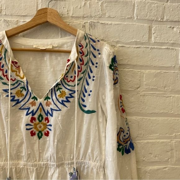 Anthropologie || Forever That Girl Floral Embroidered Peplum Blouse White Small