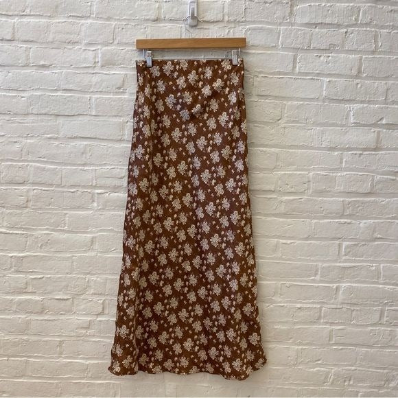 Altard State || Floral Satin Midi Skirt Brown Cream Medium