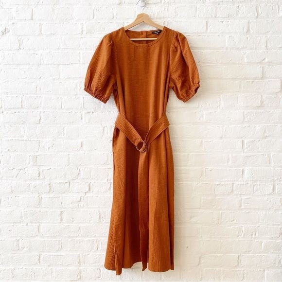 Madewell || Seersucker Belted Midi Dress Orange Large NWT