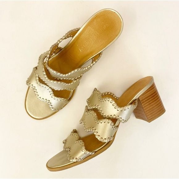 Jack Rogers || Logan Mid Heel Sandals Block Strappy Platinum Gold 10