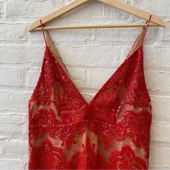 Free People || Night Shimmers Sequined Lace Mini Dress Red 10 NWT