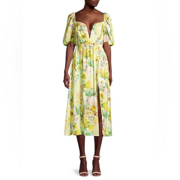 For Love & Lemons || Leigh Floral Midi Dress Plunge V-Wire Yellow Small