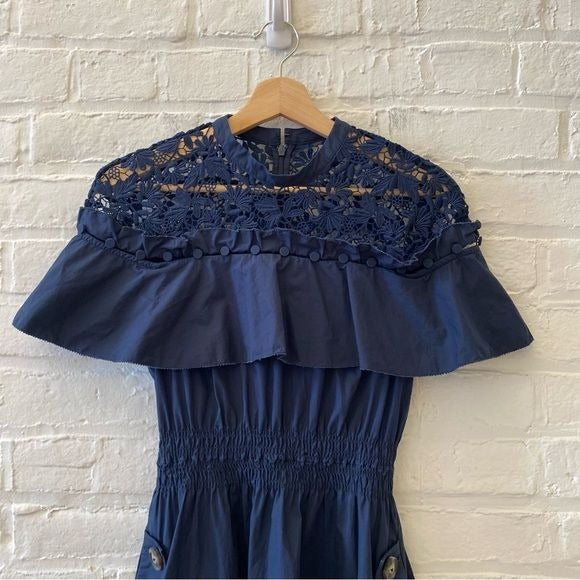 Self-Portrait || Hudson Lace-Yoke Ruffle Smocked Waist Mini Dress Navy Blue 4