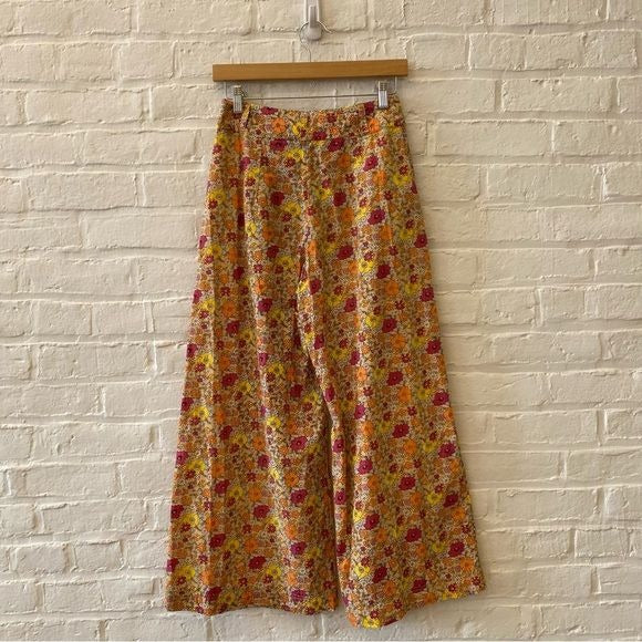 Free People || Menorca Cropped Wide Leg Pants Trousers Cotton Floral Orange 2