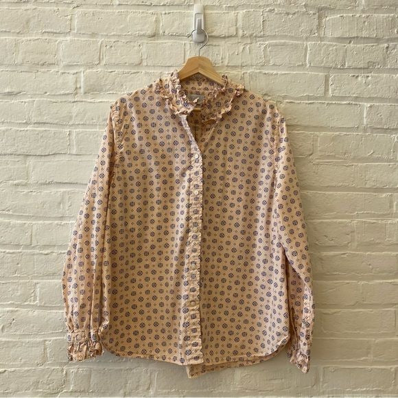 J. Crew || Classic-fit Ruffleneck Button Down Shirt Medallion Print Pink 18