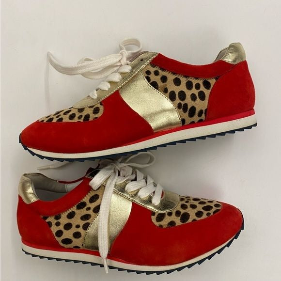 Boden || Hannah Comfort Sneakers Suede Cheetah Leopard Pony Hair Red Gold 37