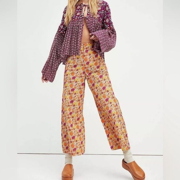 Free People || Menorca Cropped Wide Leg Pants Trousers Cotton Floral Orange 2