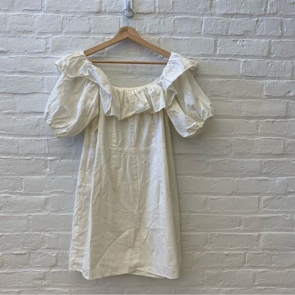 H&M || Linen Blend Ruffle Mini Dress Cream Ivory White XL