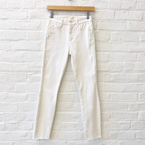 MOTHER || High Waisted Looker Ankle Fray Jeans in Glass Slipper White 24