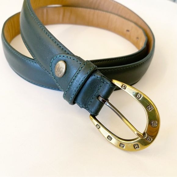 Longchamp || Vintage Equestrian Spell Out Belt Green Leather Brass 105