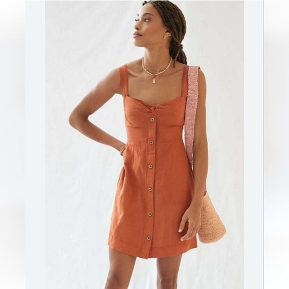 Anthropologie || Maeve Twist-Front Mini Dress Tie Back Linen Blend Orange Small