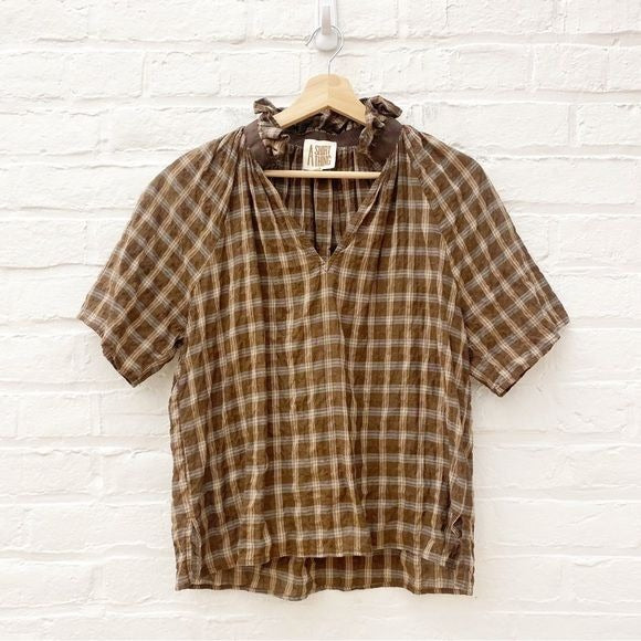 A Shirt Thing || Margot Plaid Top in Hazelnut Brown Ruffle Standing Collar P