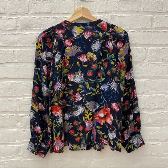 J.Crew || Silk Pleated Popover Blouse Floral Navy Small