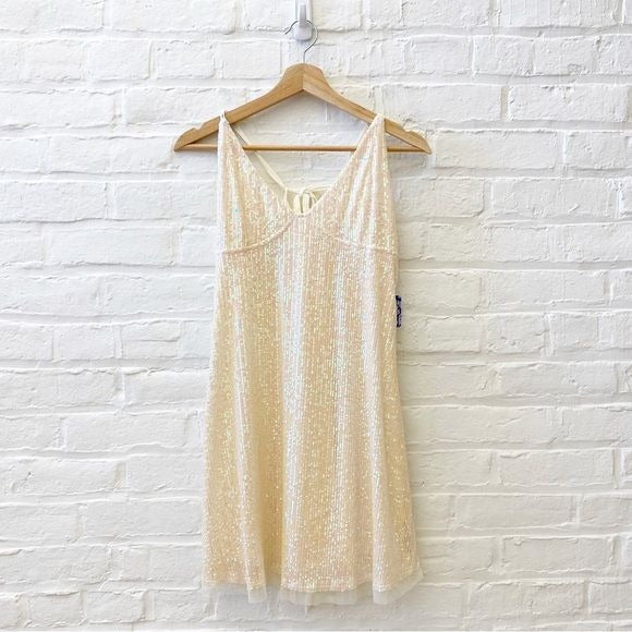 Free People || Gold Rush Sequined Slip Mini Dress Tie Back Ivory Blush Large NWT