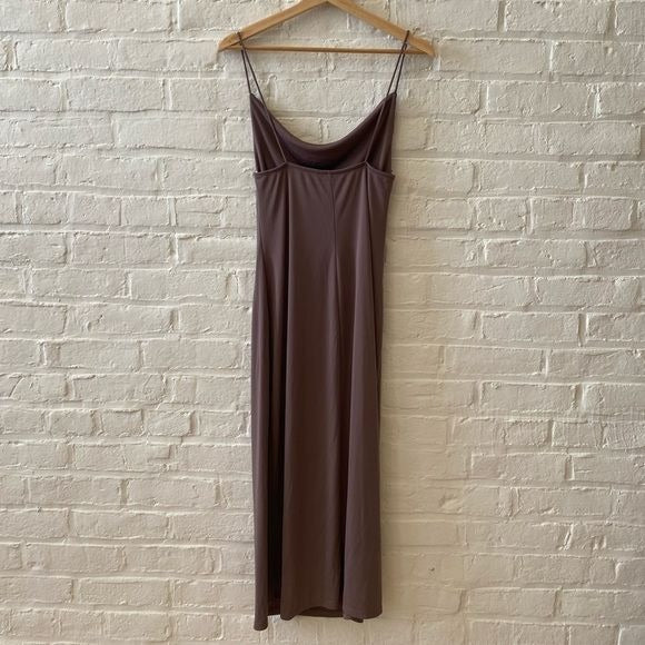 Zara || Flowing Strappy Dress in Mink Cowl Slip Dress Slinky Midi Brown Medium