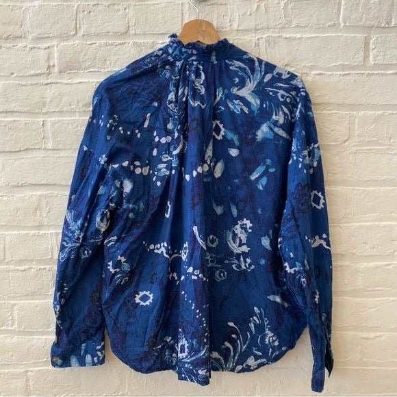 Anthropologie Pilcro Tavi Ruffle Blue Floral Blue Abstract Button Down Blouse