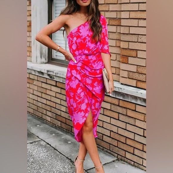 DO+BE || Floral One Shoulder Midi Dress Faux Wrap Pink Red Large RUNS SMALL