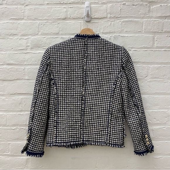 Zara || Houndstooth Tweed Fringe Blazer Navy Blue White Small