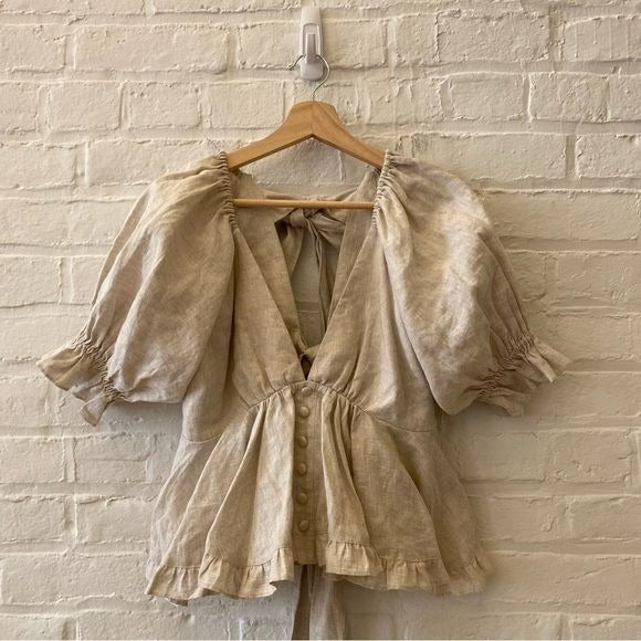 Joslin || Camille Tie-Back Linen Peplum Blouse Tan Beige AU 8 US 4