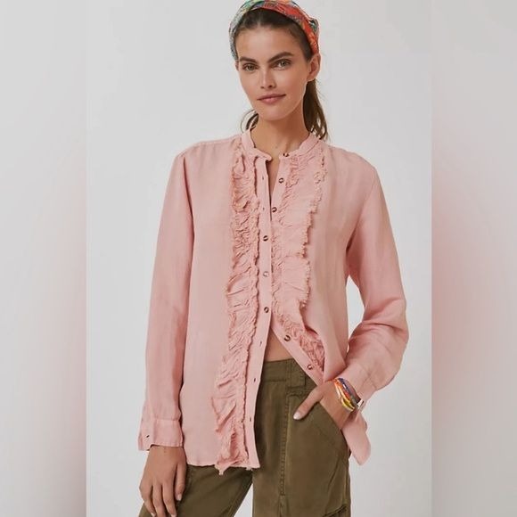 Anthropologie || Pilcro Ruffled Placket Shirt Button Down Linen Blend Peach M