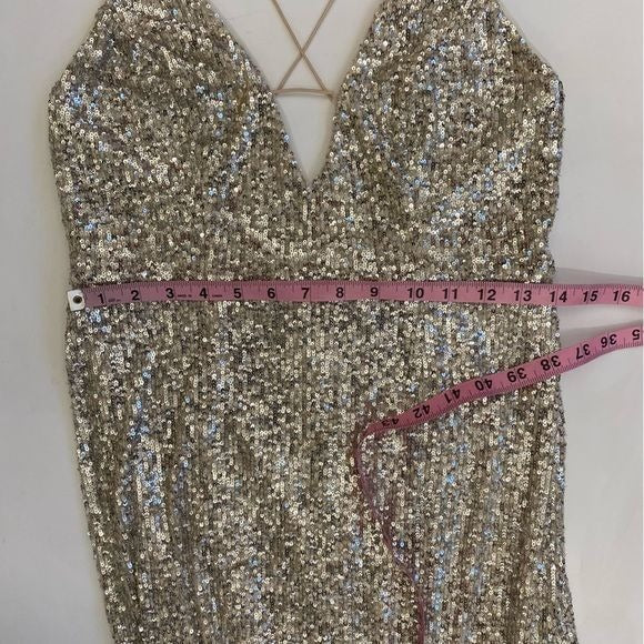 Aidan by Aidan Mattox || Sequined Column Gown Plunge Slit Gold Champagne 6