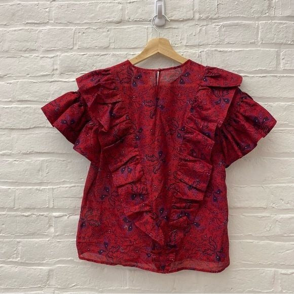 Les coyotes de Paris || Tina Ruffle Floral Silk Blend Top Red Pink 36