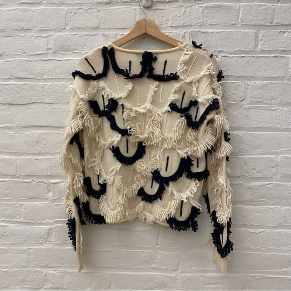 Tabula Rasa || Mali Scallop Fringe Knit Sweater Alpaca Blend Ivory Navy XS