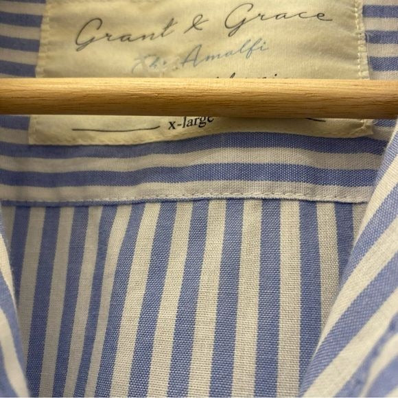 Grant & Grace || The Amalfi Striped Linen Blend Shirt Dress Button Down Blue XL