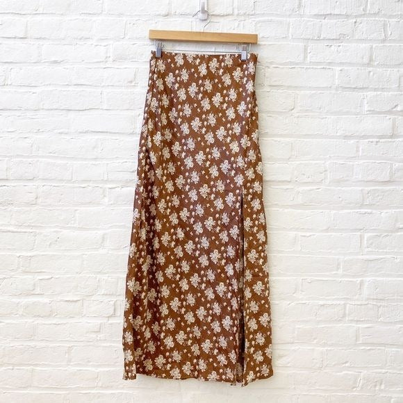 Altard State || Floral Satin Midi Skirt Brown Cream Medium