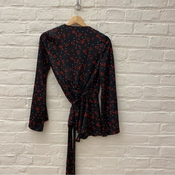 L'Academie || Kimono Floral Wrap Flare Sleeve Blouse Black Floral XS