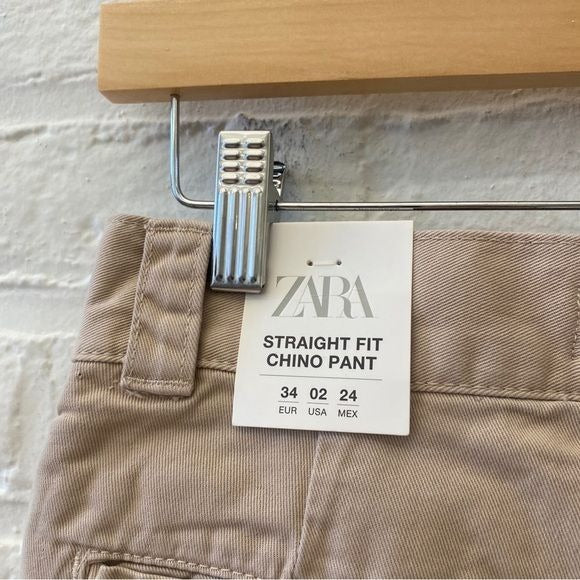 Zara || Straight Fit Chino Pants Low Rose Regular Length Khaki Tan US 2 NWT