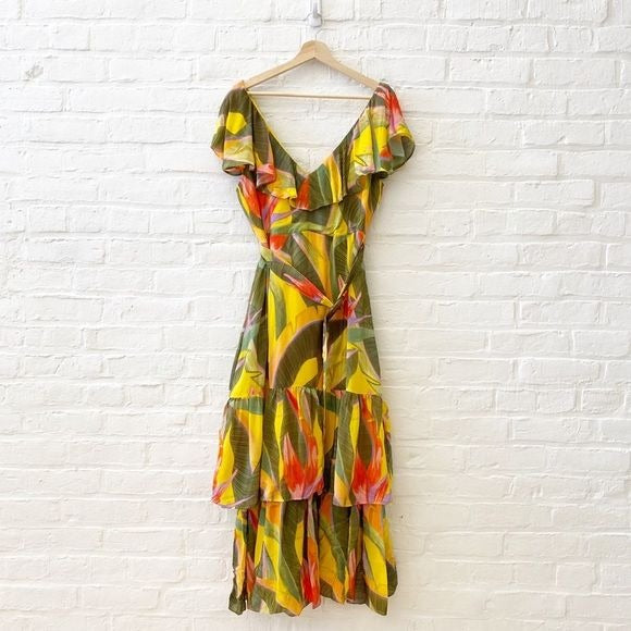 Anthropologie x FARM Rio || Tiered Floral Dress with Belt Yellow Small NWT