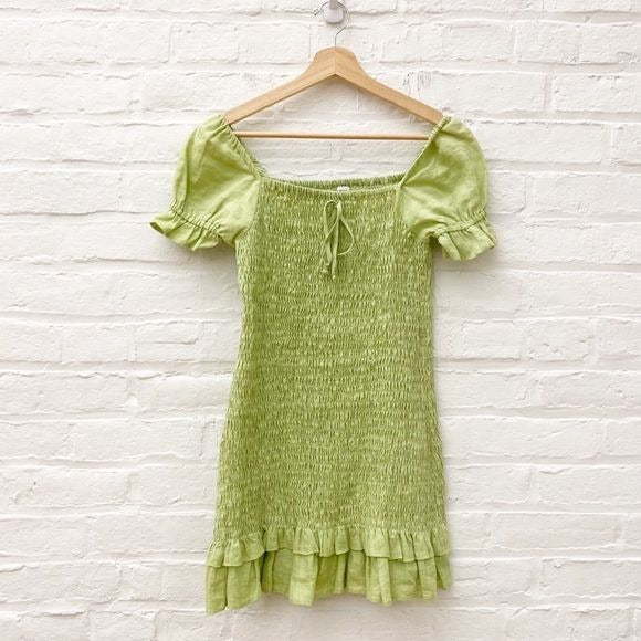 Faithfull the Brand || Cette Linen Smocked Mini Dress Puff Sleeve Green US 4