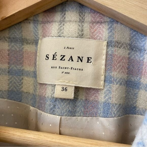 Sezane || Pink + Blue Check Christie Jacket Double Breasted Blazer Ivory 36 US 4