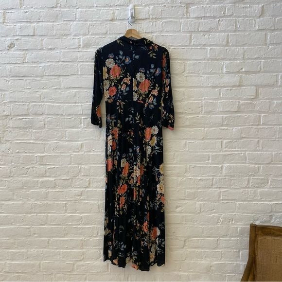 Zara || Long Floral Print Shirt Dress Black Small