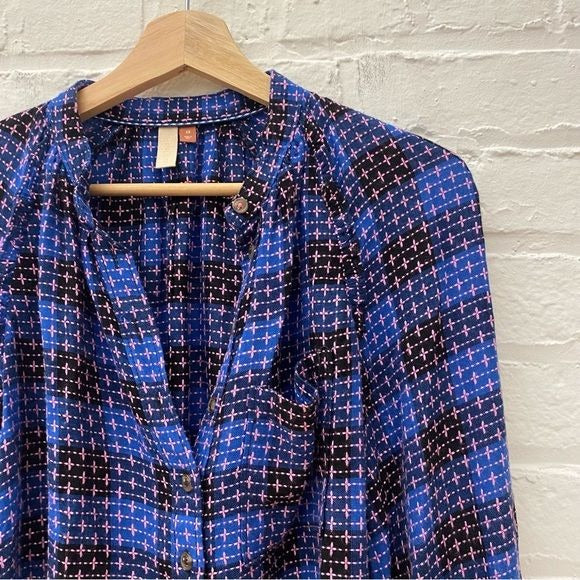 Anthropologie || Pilcro Femme Button Down Plaid Embroidered Blue