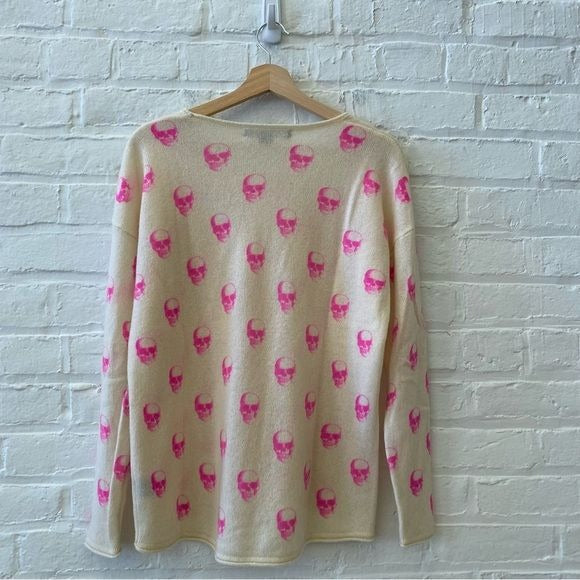 360 Skull Cashmere || Skull Print Crew Sweater Jumper Primrose Hot Pink Ivory M