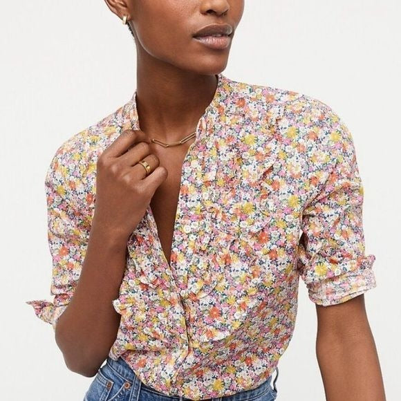 J. Crew || Band-Collar Ruffle-Front Shirt in Liberty Libby Floral Button Down L