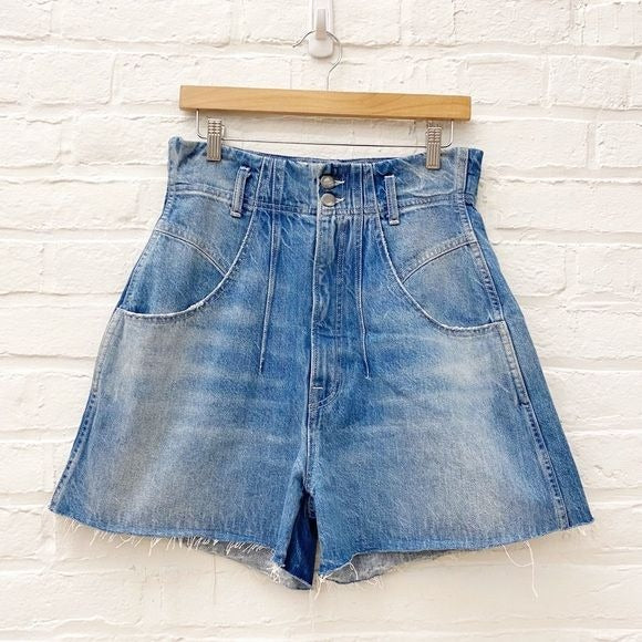 Frame || High Rise Darted Wide Leg Denim Jean Shorts Long Raw Hem Blue 27